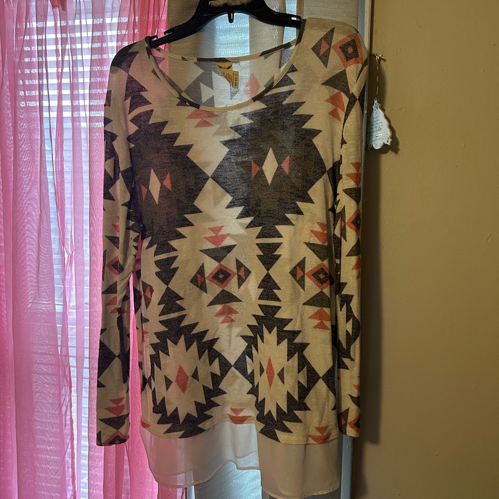 Faded Glory Cream and Brown Graphic Long Sleeve Blouse